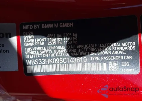 2025 BMW M4 Competition xDrive from USA, damaged, VIN WBS33HK09SCT43819